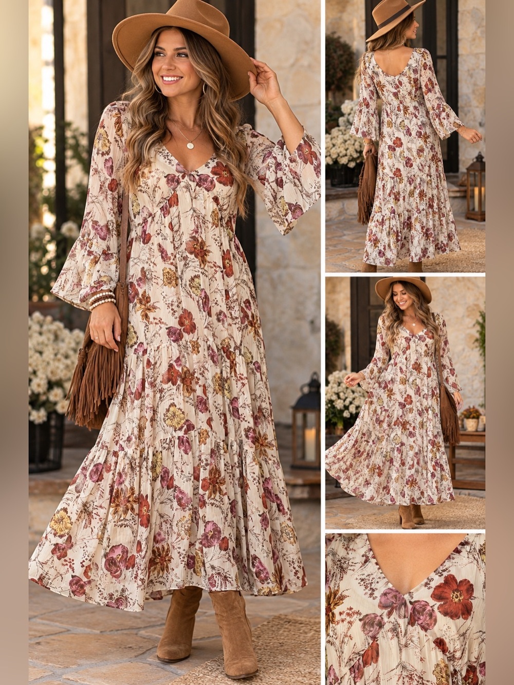 Boho Floral Maxi Dress Bell Sleeve Tiered
Cottagecore Fall Festival Sm oversized